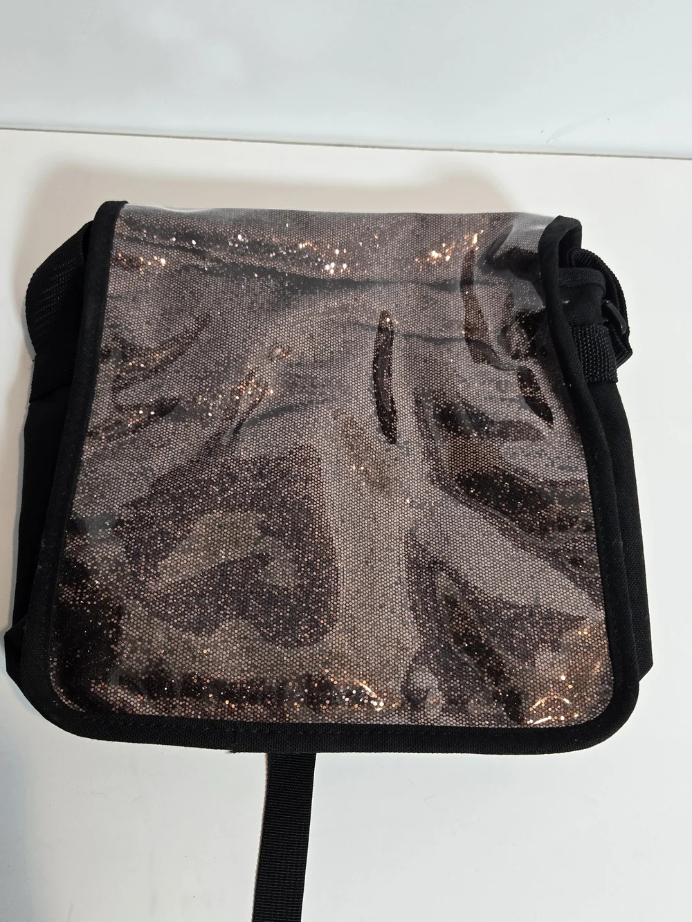 Manhattan Portage Black Messenger Bag with Rose Gold Sequin Flap